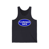"4-Strokes Suck" Oval Tank Top for Two-Stroke Enthusiasts in Blue and White Design on Black Fabric