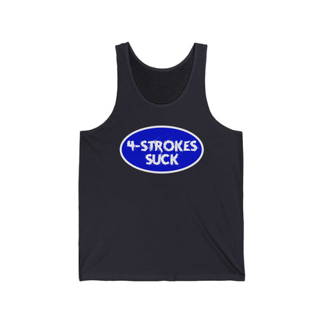 "4-Strokes Suck" Oval Tank Top for Two-Stroke Enthusiasts in Blue and White Design on Black Fabric