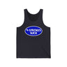 "4-Strokes Suck" Oval Tank Top for Two-Stroke Enthusiasts in Blue and White Design on Black Fabric