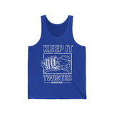 Keep It Twisted Tank Top in blue with hand design and "Ronnie Mac" text, perfect for showing off your wild side and love for speed