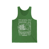 Green "Keep It Twisted" Tank Top featuring a gnarly twisted design and inspired by Uncle Ronnie, perfect for showing off your wild side and love for speed.
