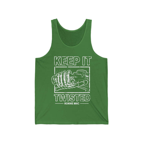 Green "Keep It Twisted" Tank Top featuring a gnarly twisted design and inspired by Uncle Ronnie, perfect for showing off your wild side and love for speed.