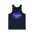 Blue "4-Strokes Suck" tank top with white oval text design for two-stroke enthusiasts