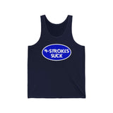 Blue "4-Strokes Suck" tank top with white oval text design for two-stroke enthusiasts