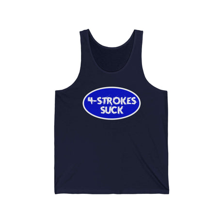 Blue "4-Strokes Suck" tank top with white oval text design for two-stroke enthusiasts
