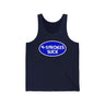 Blue "4-Strokes Suck" tank top with white oval text design for two-stroke enthusiasts