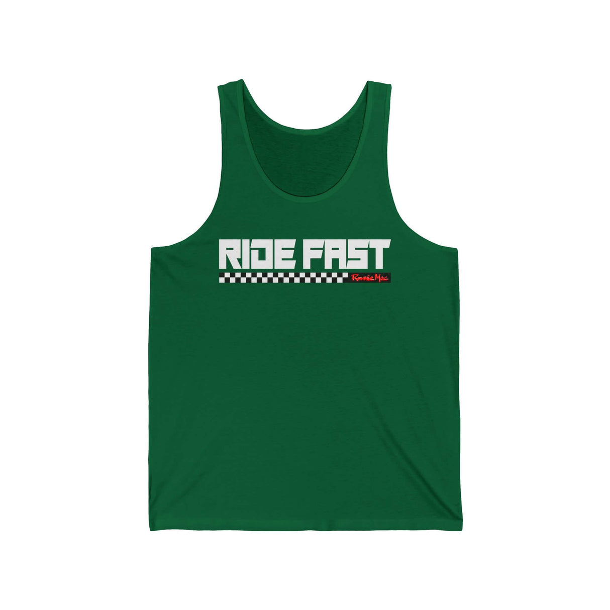 Green Ride Fast Checkered Tank with bold text and block underline pattern.