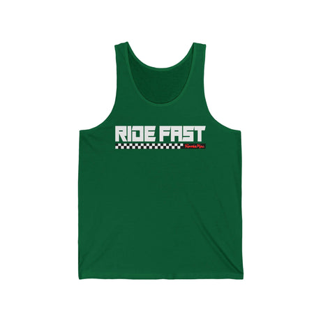 Green Ride Fast Checkered Tank with bold text and block underline pattern.