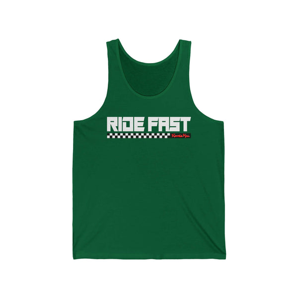 Green Ride Fast Checkered Tank with bold text and block underline pattern.