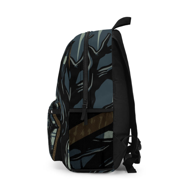 Side view of the Ghost Rider Ronnie Mac Backpack featuring a skeleton design with flames and multiple zippered compartments.