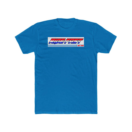Blue "Ride Fast, Eat Ass" T-Shirt from Ronnie Mac’s collection featuring bold slogan in red, white, and blue on front.