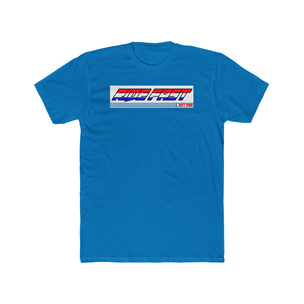 Blue "Ride Fast, Eat Ass" T-Shirt from Ronnie Mac’s collection featuring bold slogan in red, white, and blue on front.