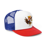 Trump-themed red, white, and blue trucker hat featuring cartoon eagle design for patriotic style and resilience.