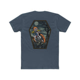 Ghost Rider Ronnie Mac shirt featuring a skeleton head on fire riding a motorcycle, set against a dark, eerie landscape.