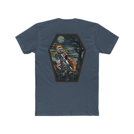 Ghost Rider Ronnie Mac shirt featuring a skeleton head on fire riding a motorcycle, set against a dark, eerie landscape.
