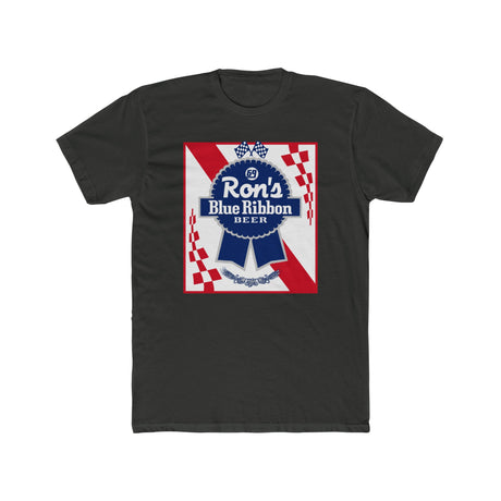 Ron's Blue Ribbon Beer shirt featuring a vintage logo design with red and blue colors. Perfect for beer enthusiasts and nostalgia lovers.