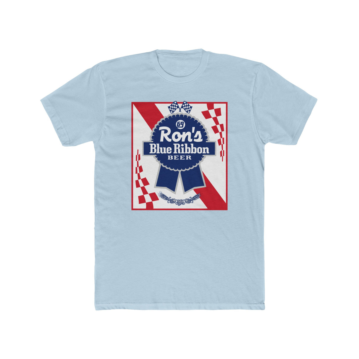 Ron's Blue Ribbon Beer shirt featuring a vintage logo design on a light blue background.