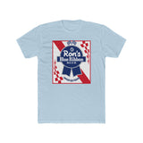Ron's Blue Ribbon Beer shirt featuring a vintage logo design on a light blue background.