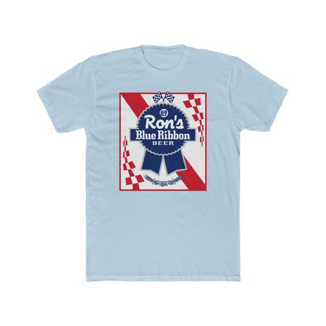 Ron's Blue Ribbon Beer shirt featuring a vintage logo design on a light blue background.