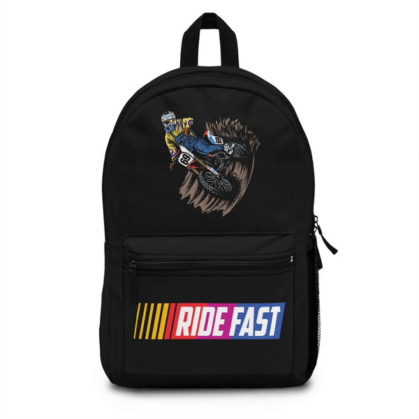 Ronnie Mac Berm Blast Ride Fast Backpack with dirt bike graphic and "Ride Fast" slogan on black panel