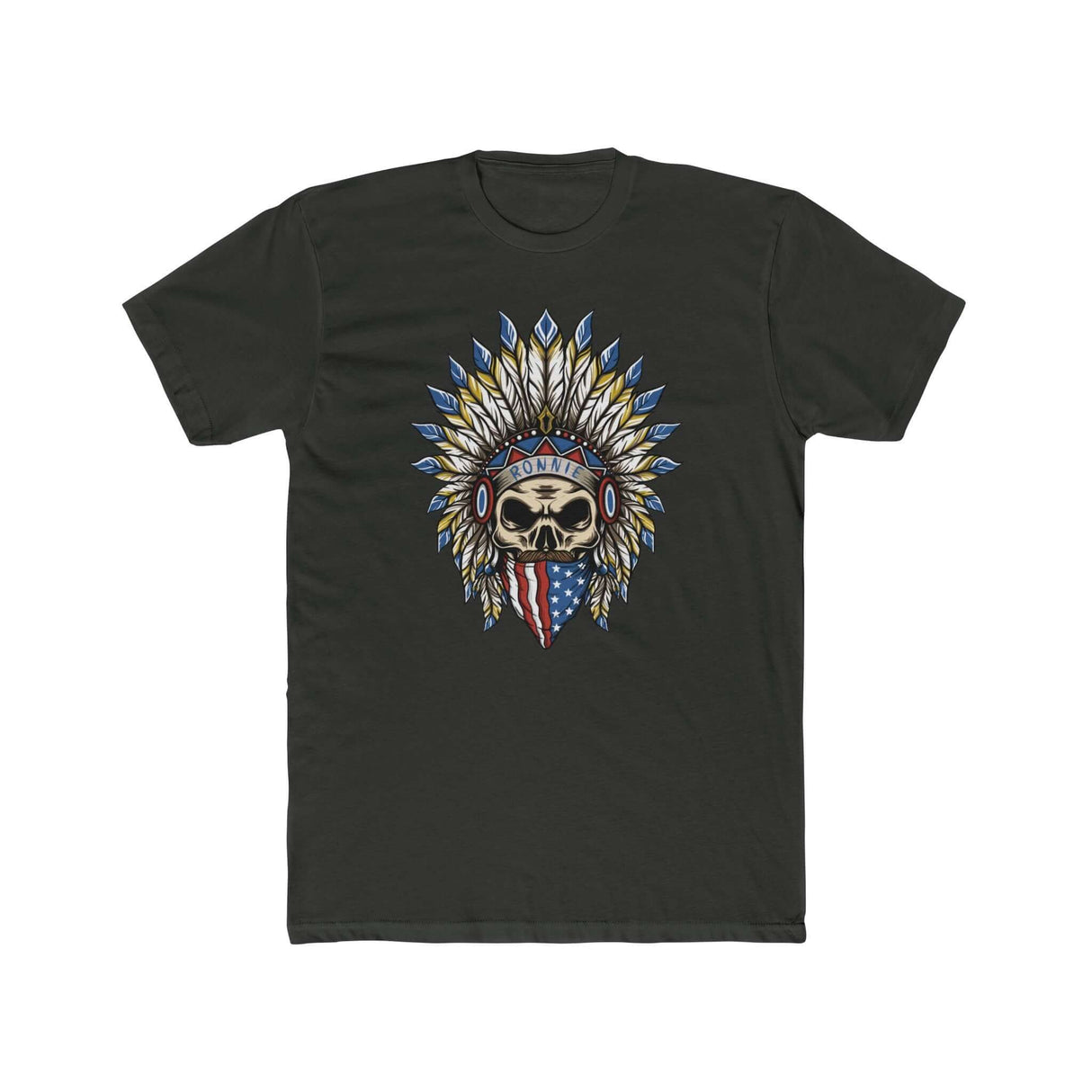 Skeleton Ronnie shirt featuring detailed skull with American bandana and feathered hat, capturing motocross spirit.