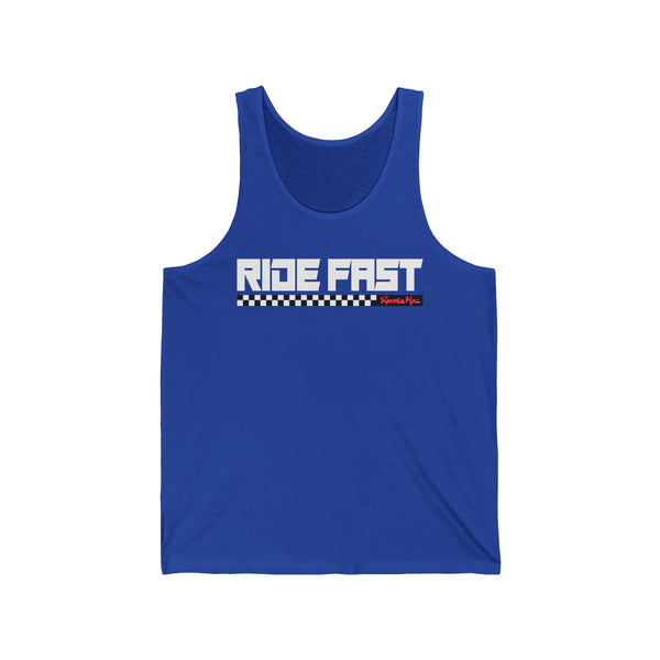 Blue tank top with bold "Ride Fast" text and checkered underline pattern, perfect for speed enthusiasts and fearless riders