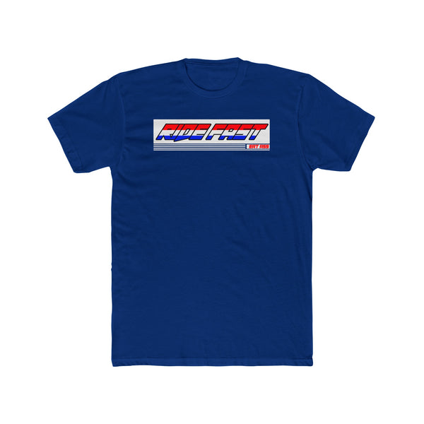 Blue "Ride Fast" T-Shirt from Ronnie Mac’s collection showcasing a bold rebellious slogan on the front.