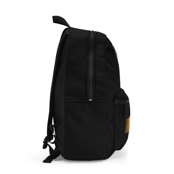 Side view of Ronnie Mac Berm Blast "Ride Fast" Backpack in black, designed for speed enthusiasts and adventure seekers.