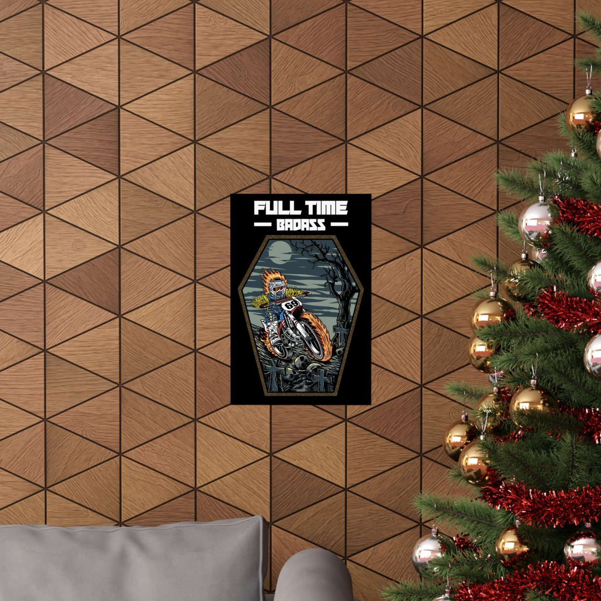 Full Time Badass Ghost Rider Poster featuring flaming skeleton biker on geometric wood wall with Christmas tree.