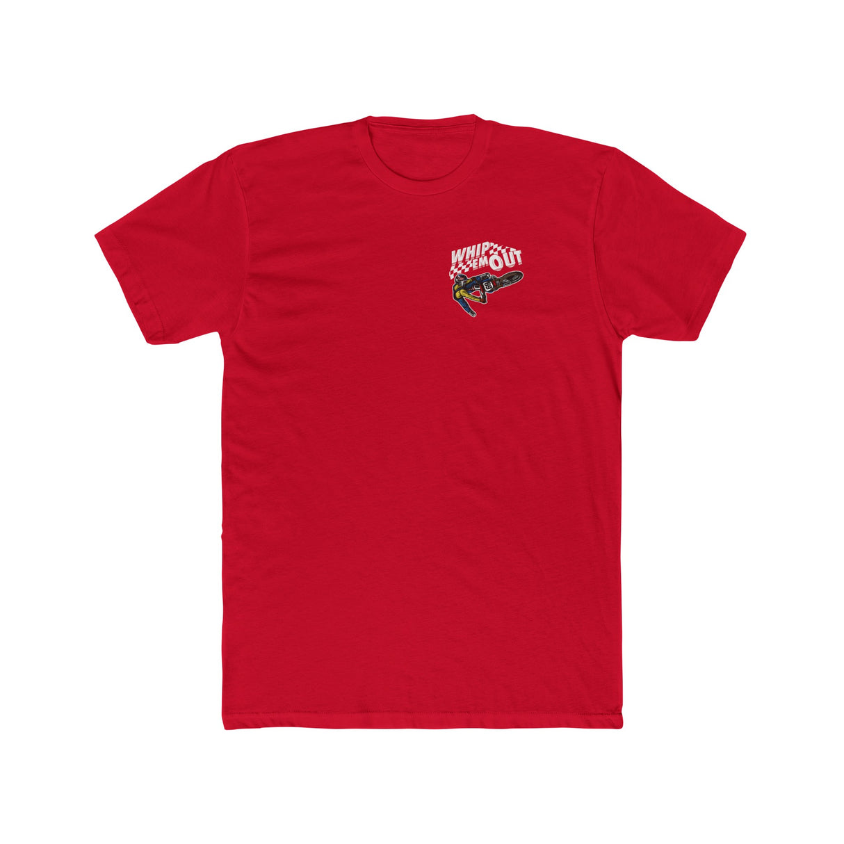 Red "Whip 'Em Out" shirt featuring Ronnie Mac 69 stunt design for dirt bike enthusiasts.