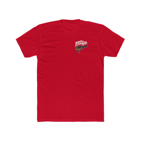 Red "Whip 'Em Out" shirt featuring Ronnie Mac 69 stunt design for dirt bike enthusiasts.
