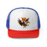 Trump riding an eagle on a red, white, and blue trucker hat, symbolizing patriotism and leadership.