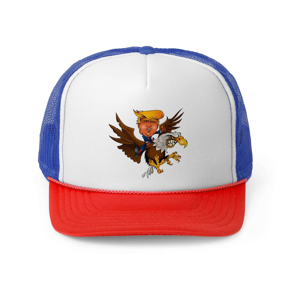 Trump riding an eagle on a red, white, and blue trucker hat, symbolizing patriotism and leadership.