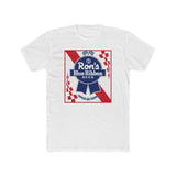 Rons Blue Ribbon Beer shirt featuring a vintage-inspired design on a white t-shirt.