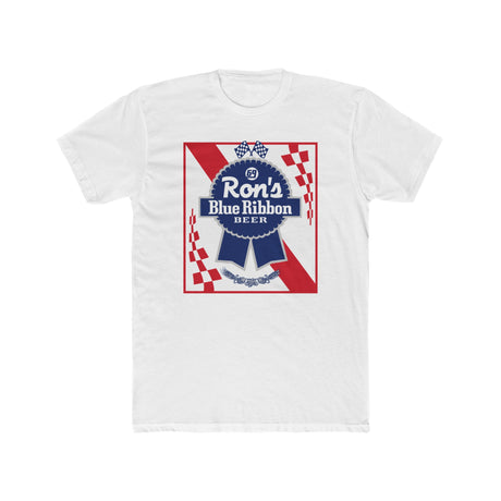 Rons Blue Ribbon Beer shirt featuring a vintage-inspired design on a white t-shirt.