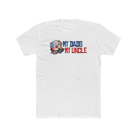 White T-shirt with "My Dad's My Uncle" humor design featuring cartoon character.
