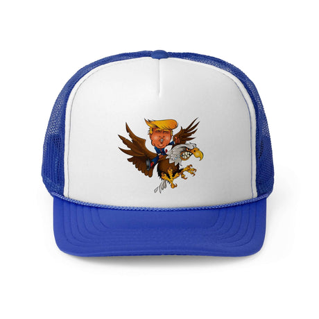 Trump riding a screaming eagle on a red, white, and blue trucker hat for patriotic supporters.