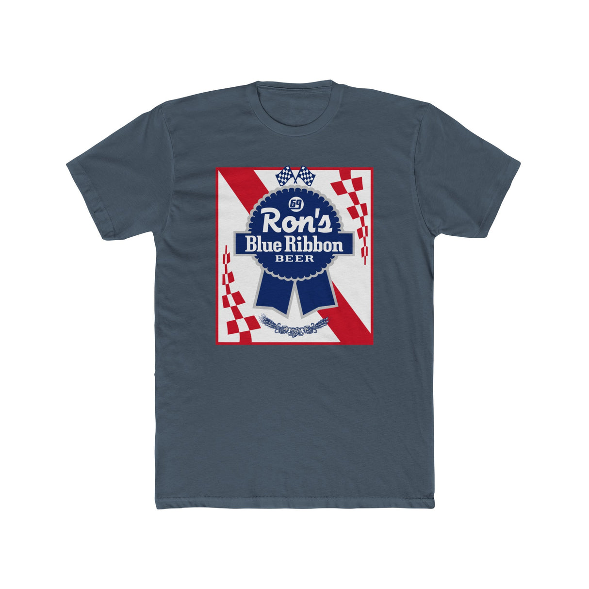 Rons Blue Ribbon Beer shirt featuring retro logo and red checkered design on a dark gray t-shirt.