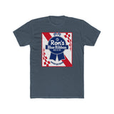 Rons Blue Ribbon Beer shirt featuring retro logo and red checkered design on a dark gray t-shirt.