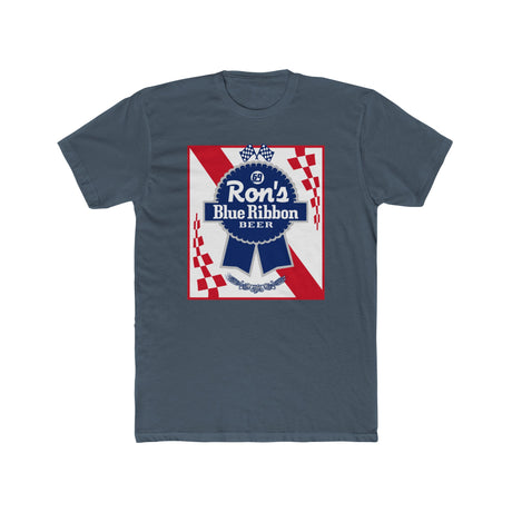 Rons Blue Ribbon Beer shirt featuring retro logo and red checkered design on a dark gray t-shirt.