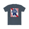 Rons Blue Ribbon Beer shirt featuring retro logo and red checkered design on a dark gray t-shirt.