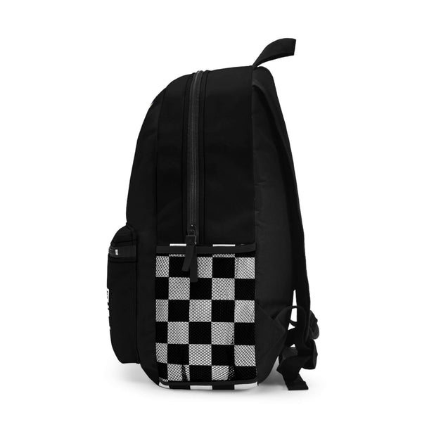 Side view of Crossbones 2-Stroke Backpack featuring iconic Ronnie Mac checkered design, perfect for speed enthusiasts.