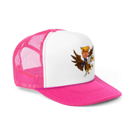 Pink trucker hat featuring a cartoon of Trump riding an eagle, symbolizing patriotism and leadership.