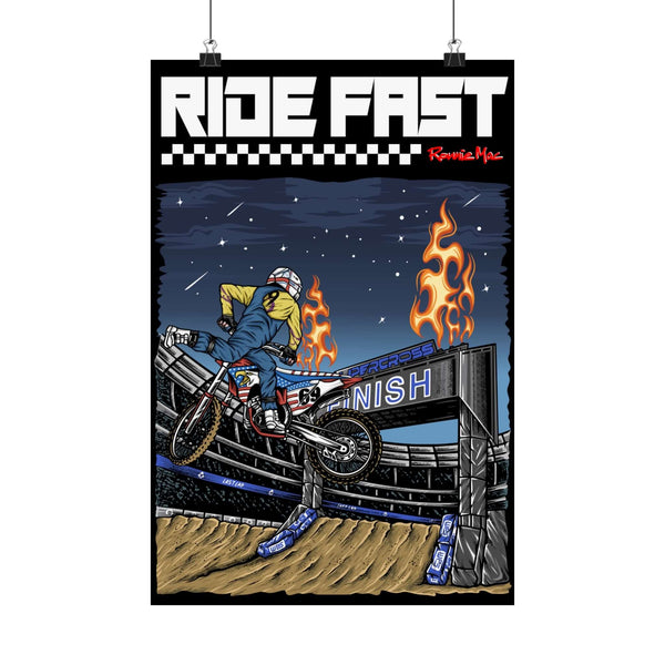 Mac Nac Supercross Poster featuring Ronnie Mac performing Mac Nac stunt over finish line with "Ride Fast" text.