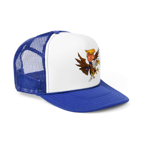 Trump-themed trucker hat featuring a cartoon of Trump riding an eagle, designed in red, white, and blue colors.