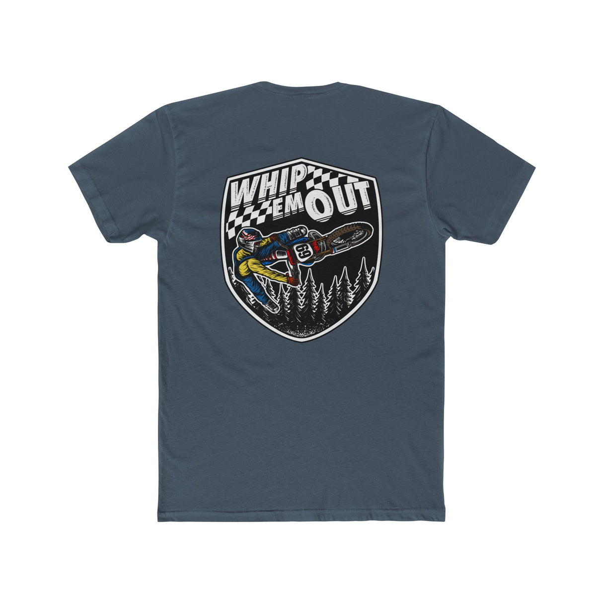 "Whip 'Em Out stunt shirt featuring Ronnie Mac 69 performing a two-stroke dirt bike trick design on the back."