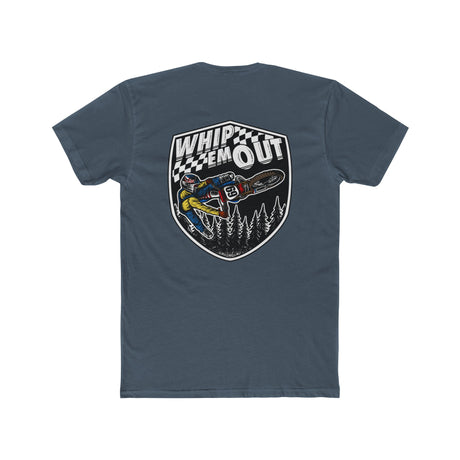 "Whip 'Em Out stunt shirt featuring Ronnie Mac 69 performing a two-stroke dirt bike trick design on the back."