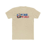 "My Dad's My Uncle T-Shirt with humorous design featuring character graphic and bold text on a beige background"