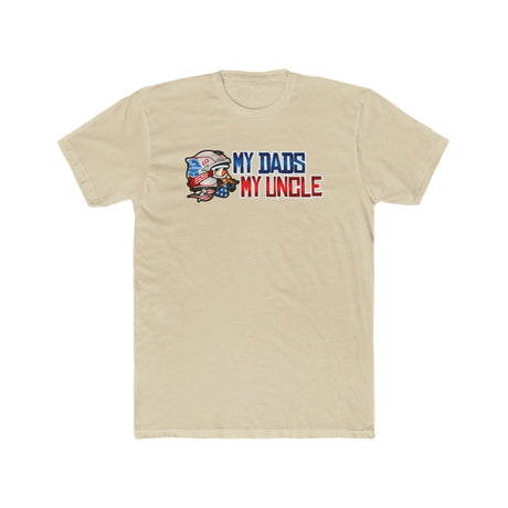 "My Dad's My Uncle T-Shirt with humorous design featuring character graphic and bold text on a beige background"