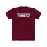 Maroon "Lead with the 2-Stroke" T-Shirt featuring bold white lettering and checkered design for moto enthusiasts.
